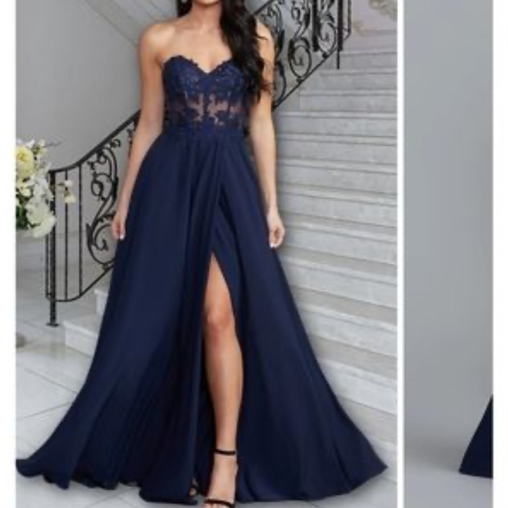 PromGirl Strapless Navy Blue Lace Bodice Evening Gown with Front Slit